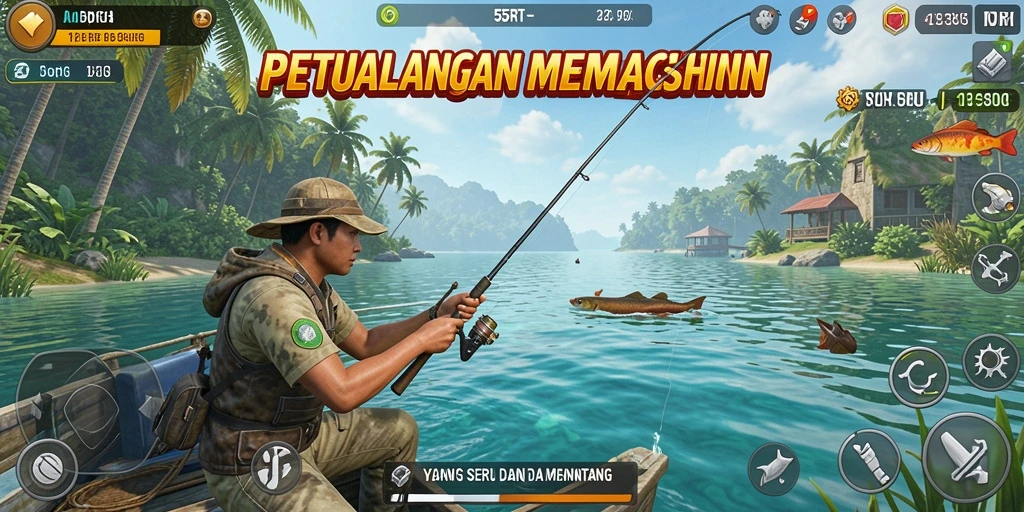 Screenshot 55RT menampilkan pemain menangkap ikan besar di lautan.