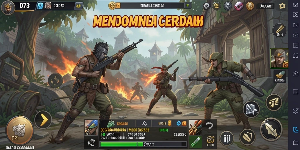 Tampilan gameplay D73 dengan aksi pertempuran strategi yang mendebarkan.