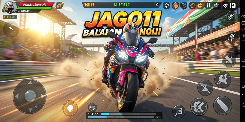 Screenshot gameplay JAGO11 yang menampilkan aksi balapan motor yang mendebarkan.