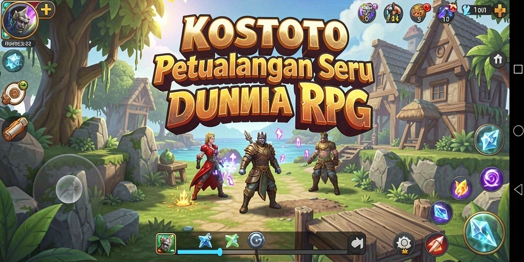 Screenshot KOSTOTO menampilkan pertarungan epik di dunia RPG.