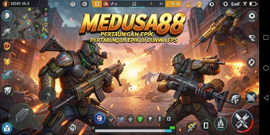 Tampilan gameplay mendebarkan di MEDUSA88, menunjukkan aksi FPS yang intens.