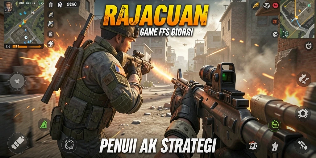 Tangkapan layar utama RAJACUAN menampilkan aksi gameplay FPS yang intens.