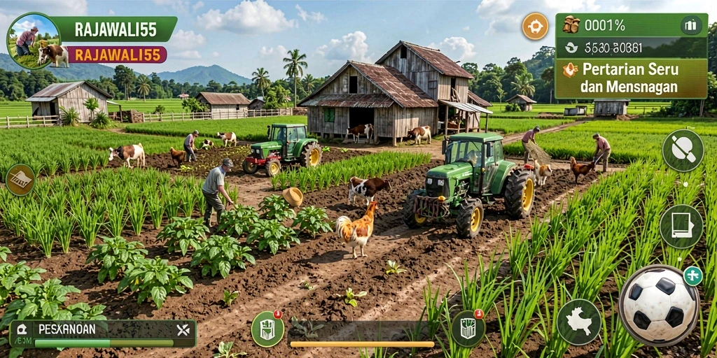 Screenshot gameplay RAJAWALI55 yang menunjukkan ladang yang subur dan hewan ternak.