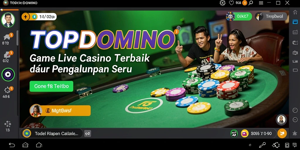 Screenshot gameplay <strong>TOPDOMINO</strong> yang menunjukkan dealer langsung dan suasana kasino yang nyata.